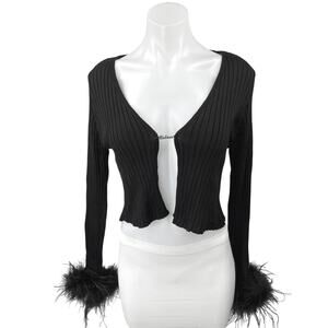 NEW PrettyLittleThing Black Rib Knit Faux Fur Sexy Crop Cardigan Sweater Top L
